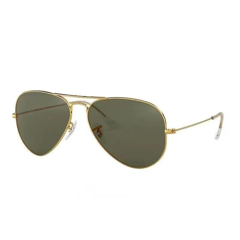 Tempered glass sunglasses with metal frame in black, gold, or silver, featuring dark green or gradient blue lenses.