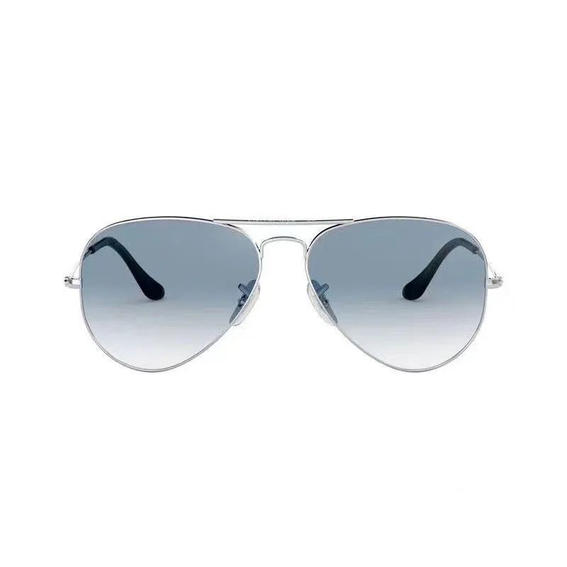 Tempered glass sunglasses with metal frame in black, gold, or silver, featuring dark green or gradient blue lenses.