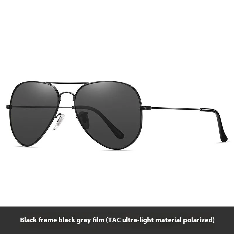 Tempered glass sunglasses with metal frame in black, gold, or silver, featuring dark green or gradient blue lenses.