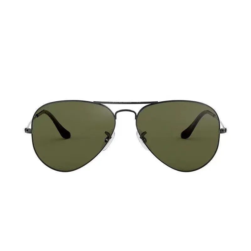 Tempered glass sunglasses with metal frame in black, gold, or silver, featuring dark green or gradient blue lenses.
