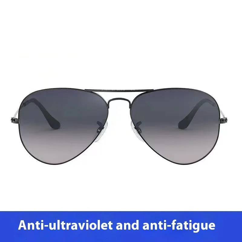 Tempered glass sunglasses with metal frame in black, gold, or silver, featuring dark green or gradient blue lenses.