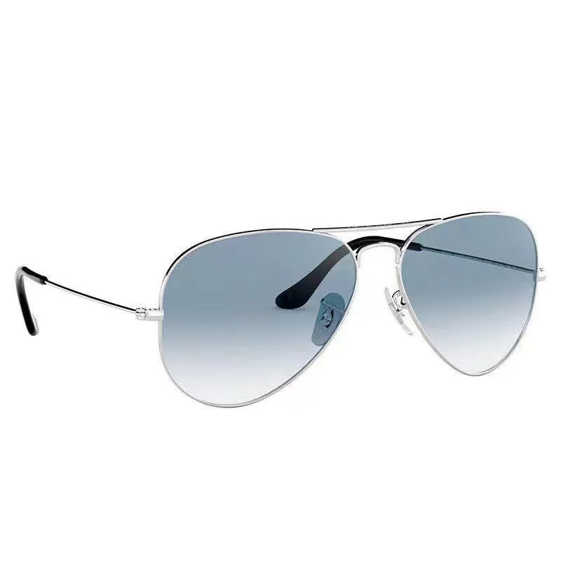 Tempered glass sunglasses with metal frame in black, gold, or silver, featuring dark green or gradient blue lenses.