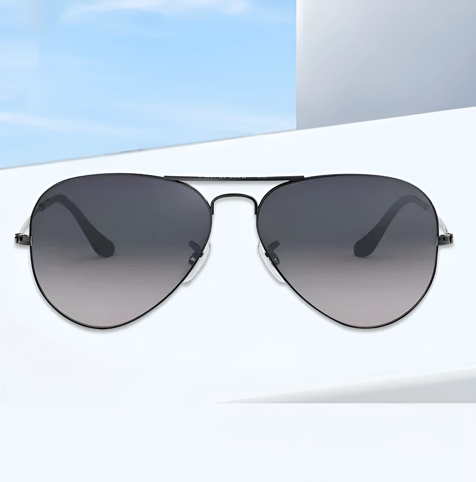 Tempered glass sunglasses with metal frame in black, gold, or silver, featuring dark green or gradient blue lenses.
