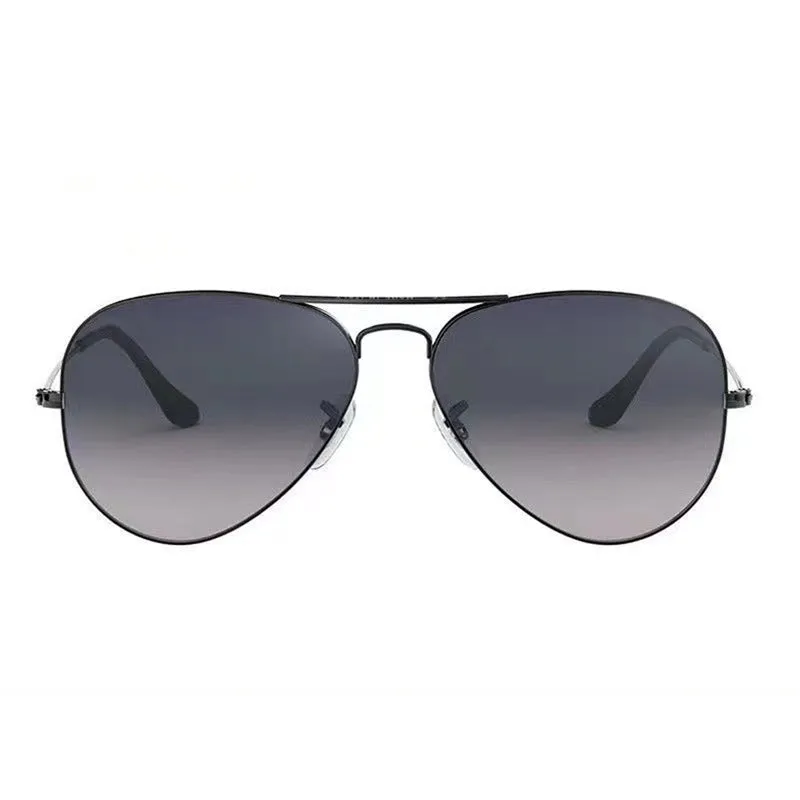 Tempered glass sunglasses with metal frame in black, gold, or silver, featuring dark green or gradient blue lenses.