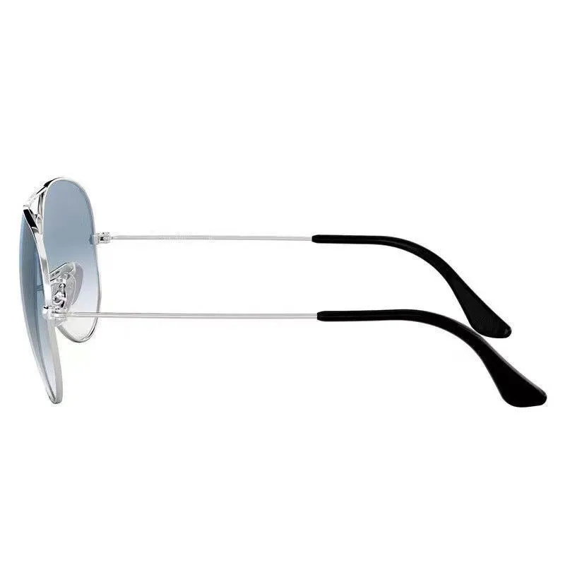 Tempered glass sunglasses with metal frame in black, gold, or silver, featuring dark green or gradient blue lenses.