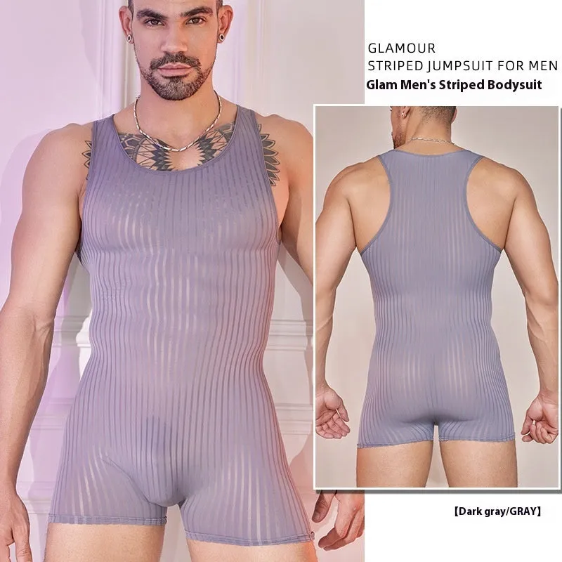 Men's black and white striped nylon jumpsuit, free size, front view