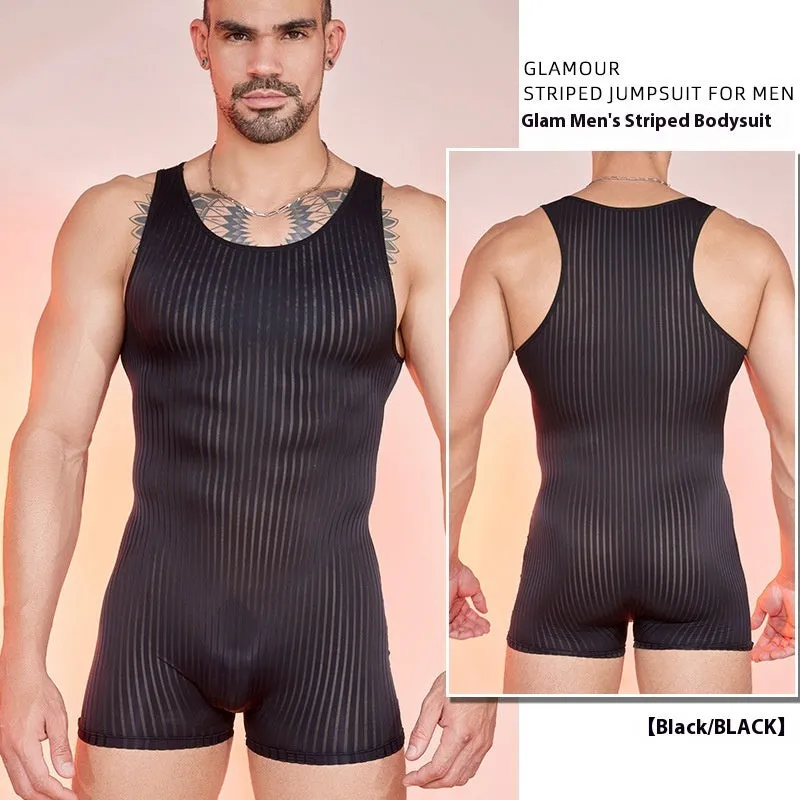 Men's black and white striped nylon jumpsuit, free size, front view