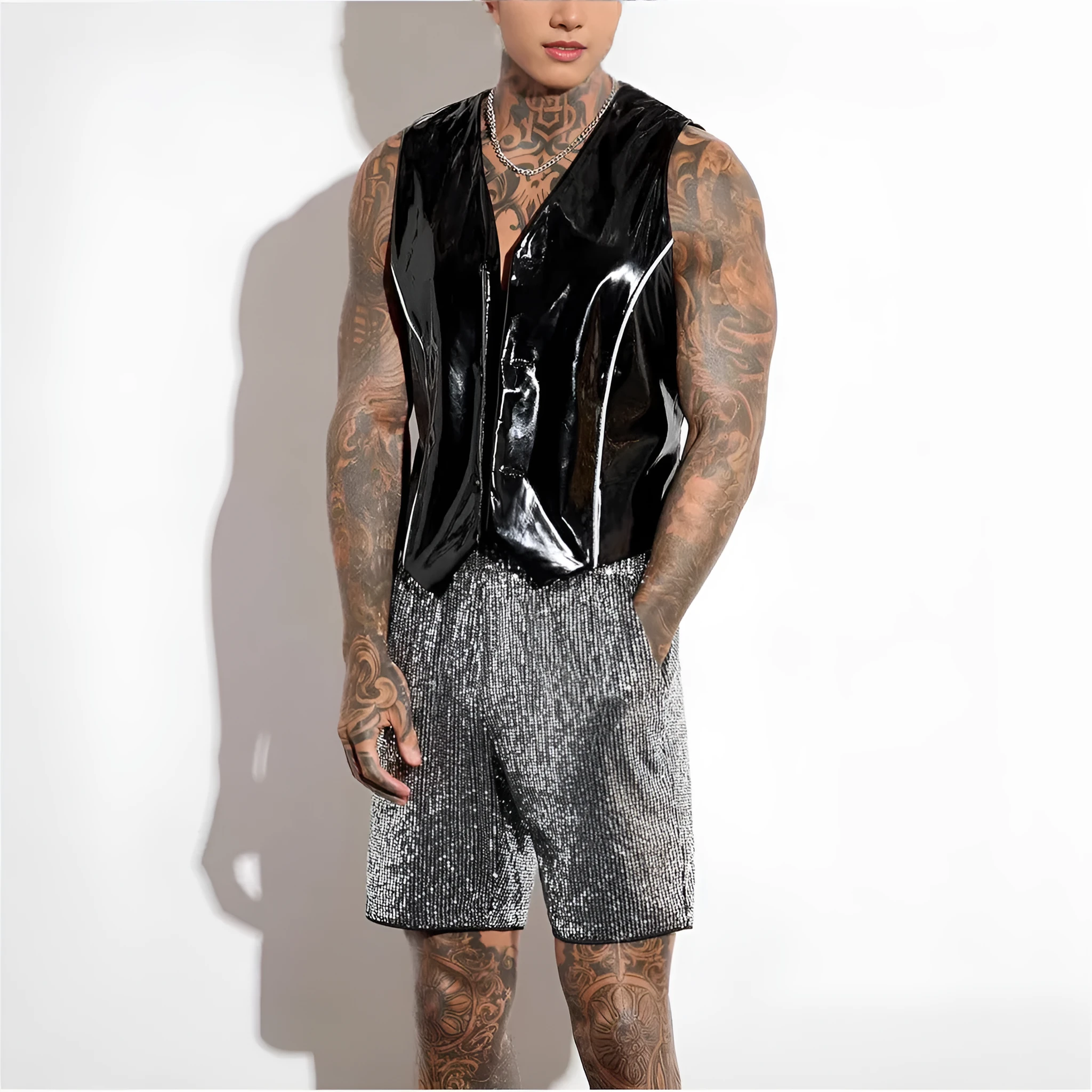 Men's silver sequin straight-leg shorts with elastic waistband, shown alongside black colour option.