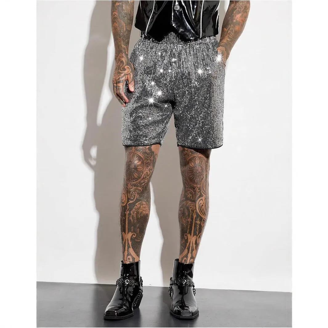 Men's silver sequin straight-leg shorts with elastic waistband, shown alongside black colour option.