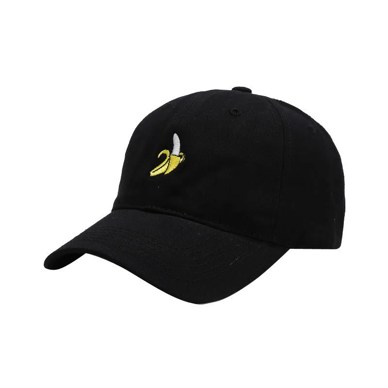 Curved peak baseball cap with embroidered banana fruit design in light purple colour on a white background.
