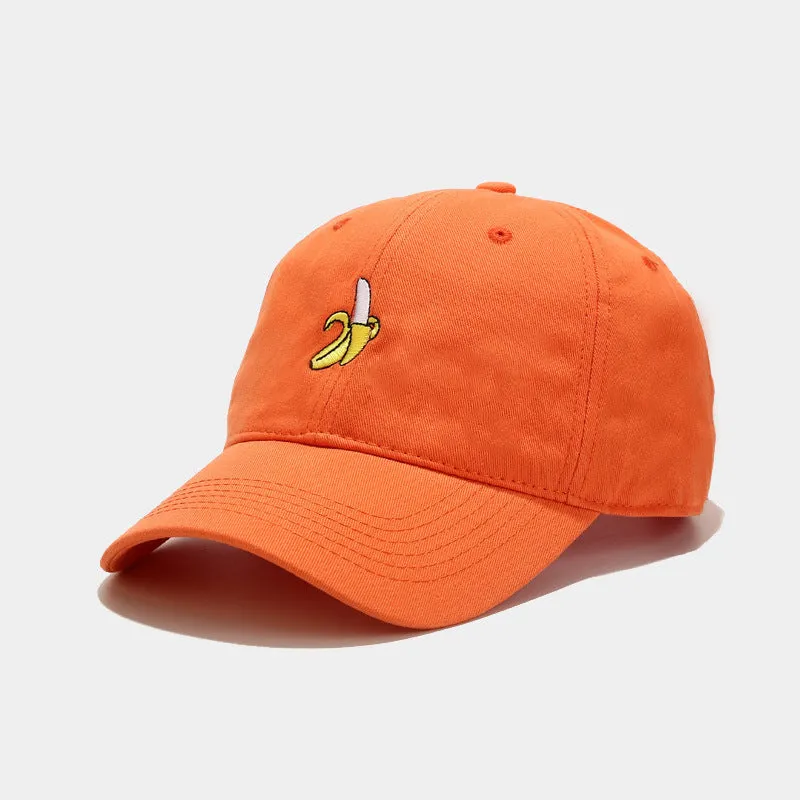 Curved peak baseball cap with embroidered banana fruit design in light purple colour on a white background.