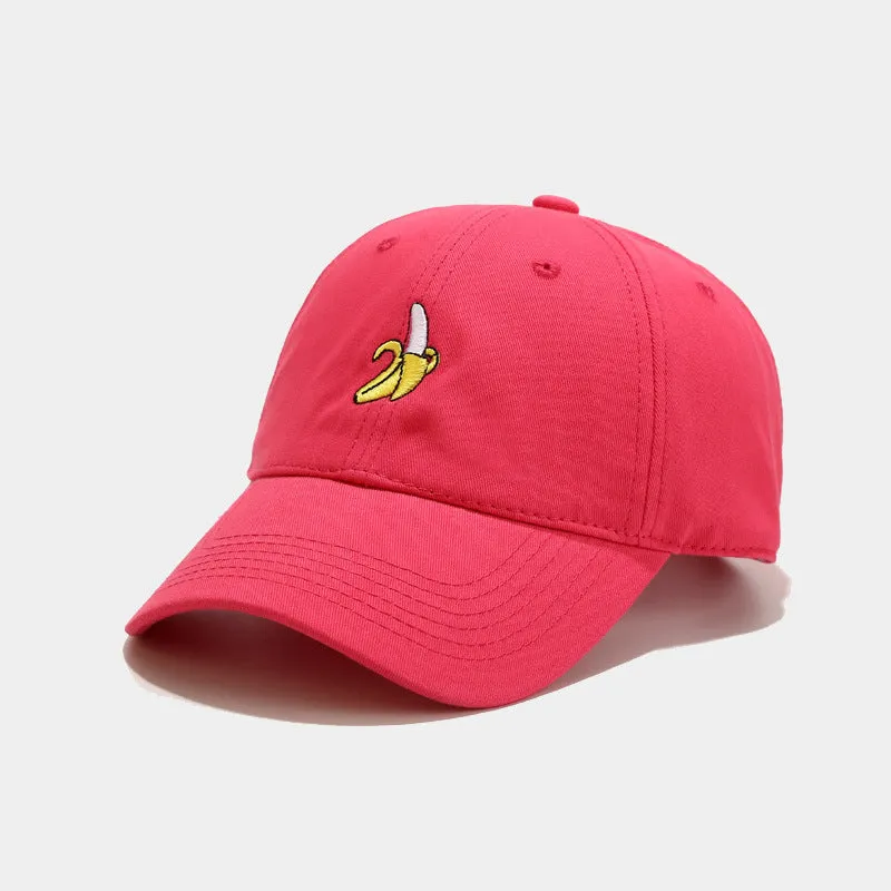 Curved peak baseball cap with embroidered banana fruit design in light purple colour on a white background.