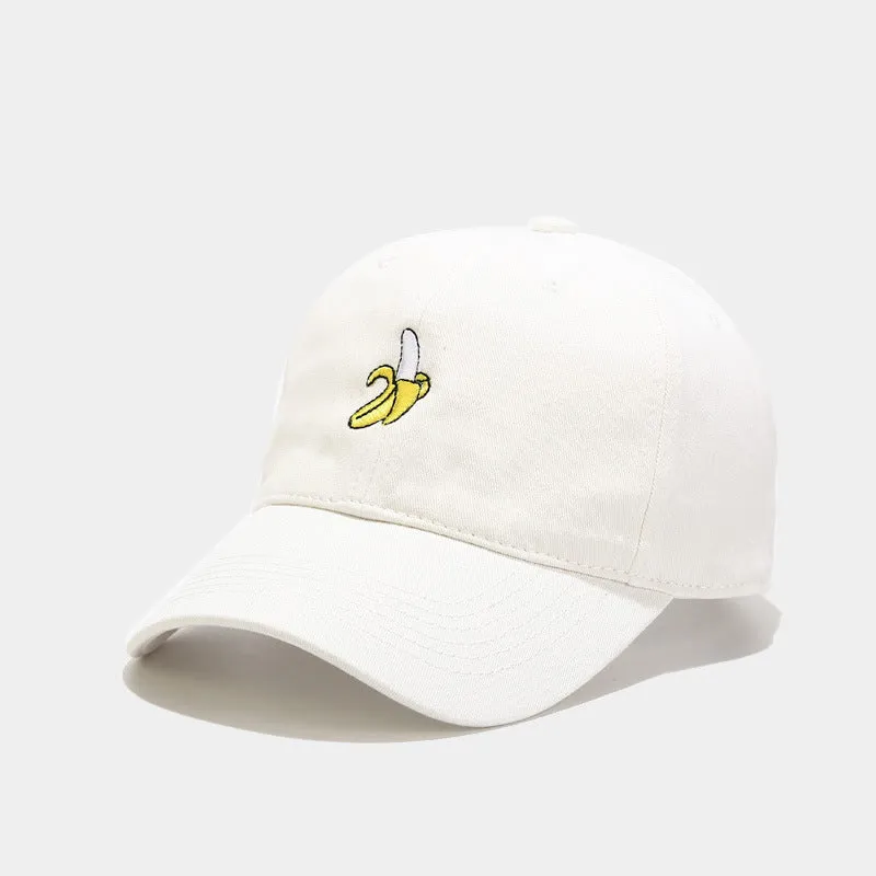 Curved peak baseball cap with embroidered banana fruit design in light purple colour on a white background.
