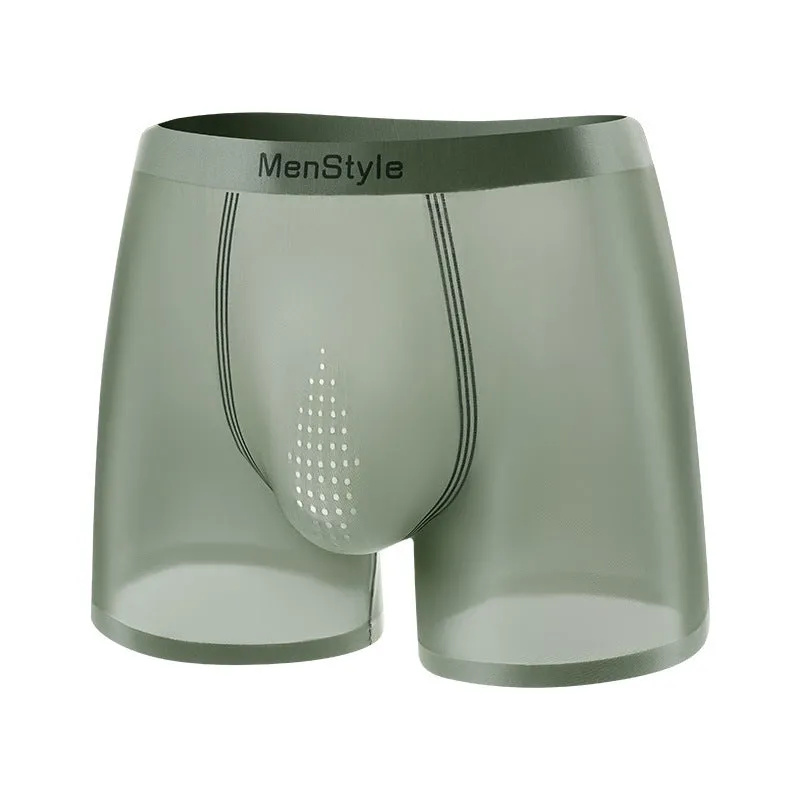 Men's seamless nylon boxer shorts showing single-layer construction and mid waist design