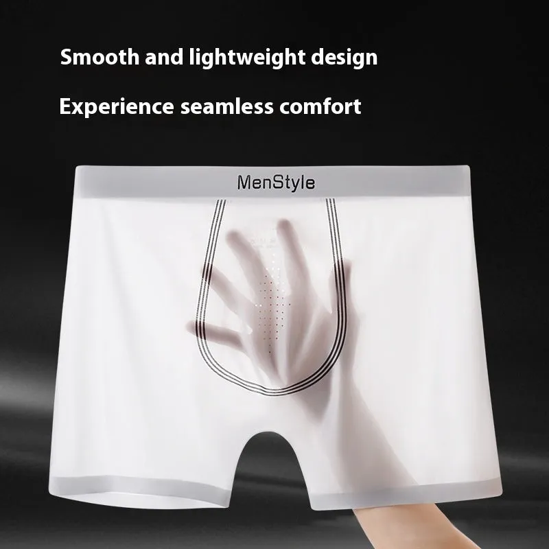 Men's seamless nylon boxer shorts showing single-layer construction and mid waist design