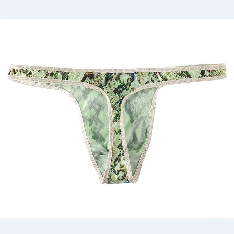 Men's green camouflage snake print thong underwear on a solid background.