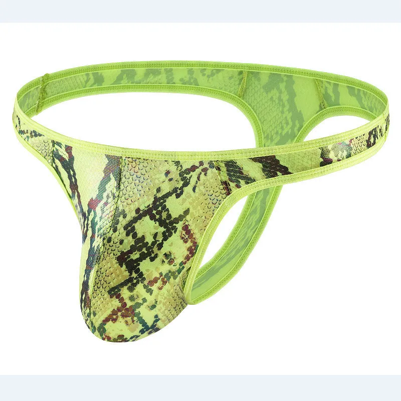 Men's green camouflage snake print thong underwear on a solid background.