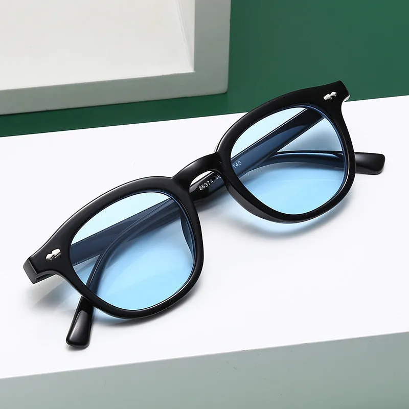 Retro round fashion sunglasses with a PC frame and metal hinge