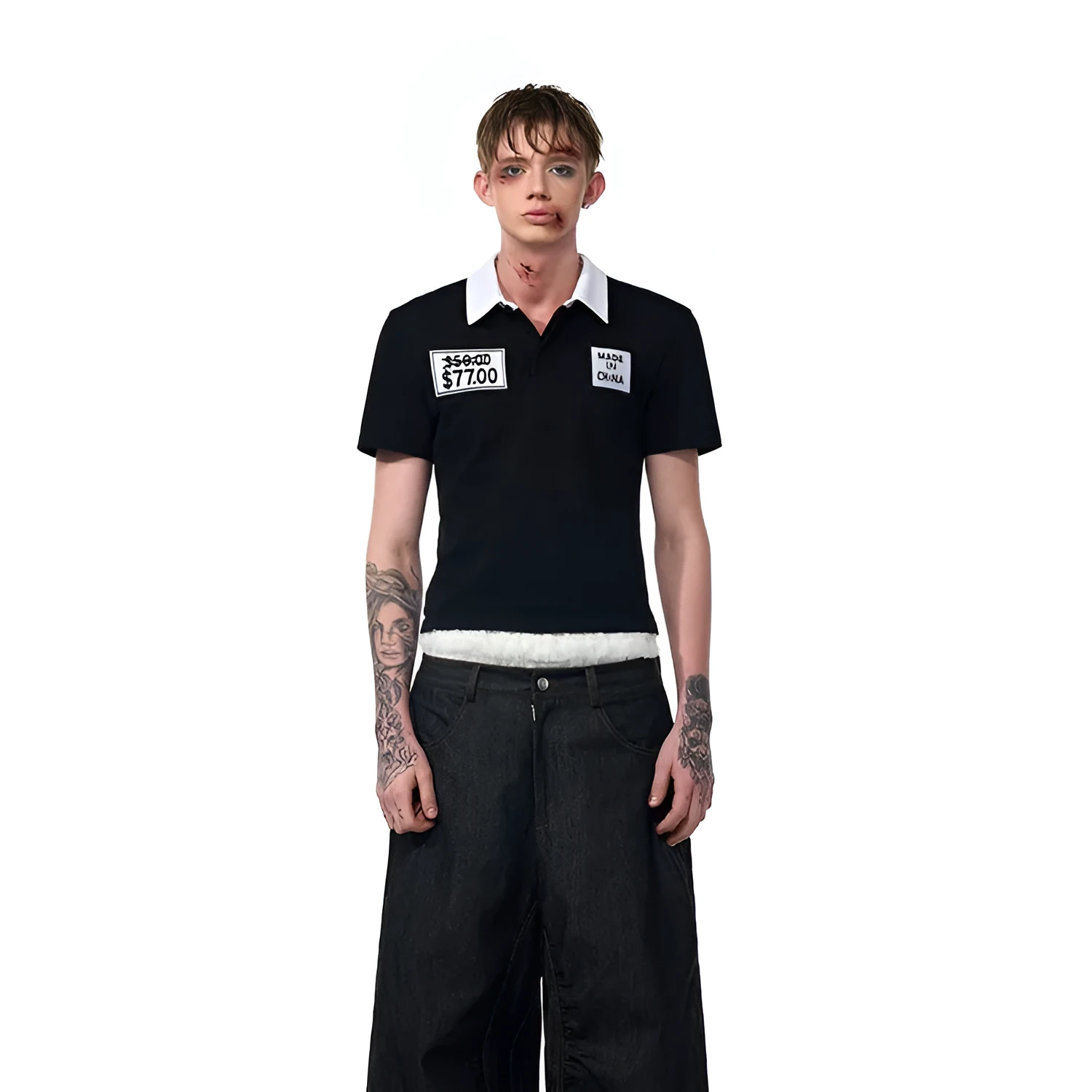 Black slim fit men's t-shirt with polo collar and embroidery detailing on short sleeves
