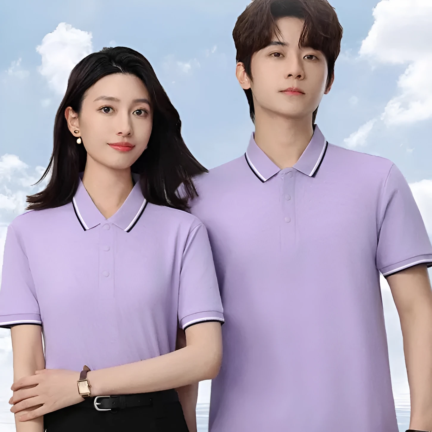 Short sleeve lapel T-shirt in long-staple cotton shown in multiple colours on size chart.