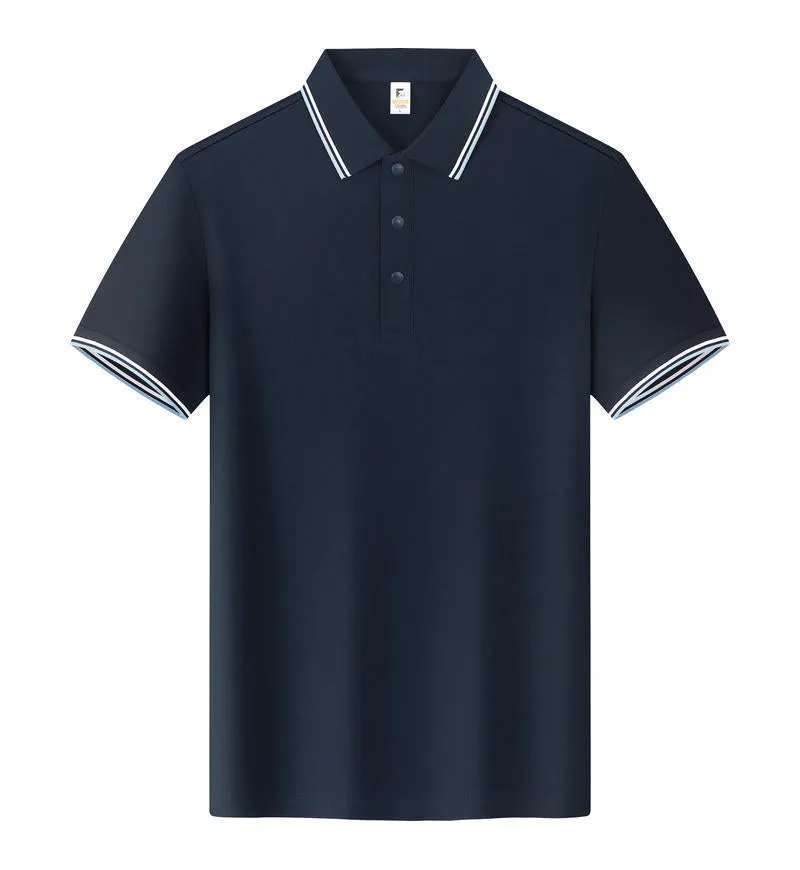 Short sleeve lapel T-shirt in long-staple cotton shown in multiple colours on size chart.