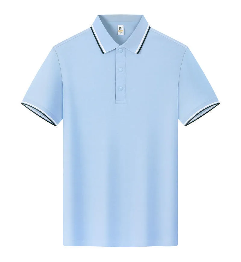 Short sleeve lapel T-shirt in long-staple cotton shown in multiple colours on size chart.