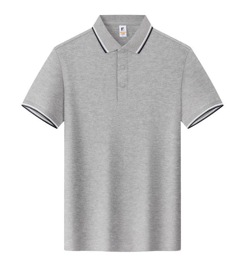 Short sleeve lapel T-shirt in long-staple cotton shown in multiple colours on size chart.