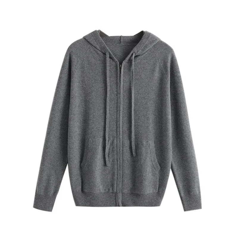 Men's hooded cashmere cardigan with zipper front in solid colours for work wear