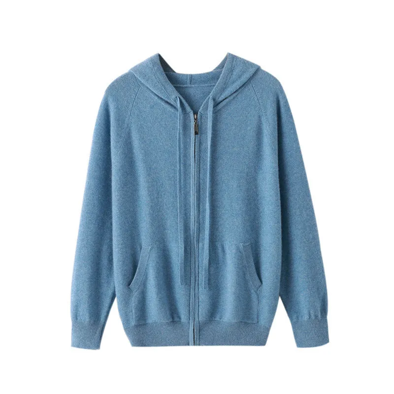 Men's hooded cashmere cardigan with zipper front in solid colours for work wear