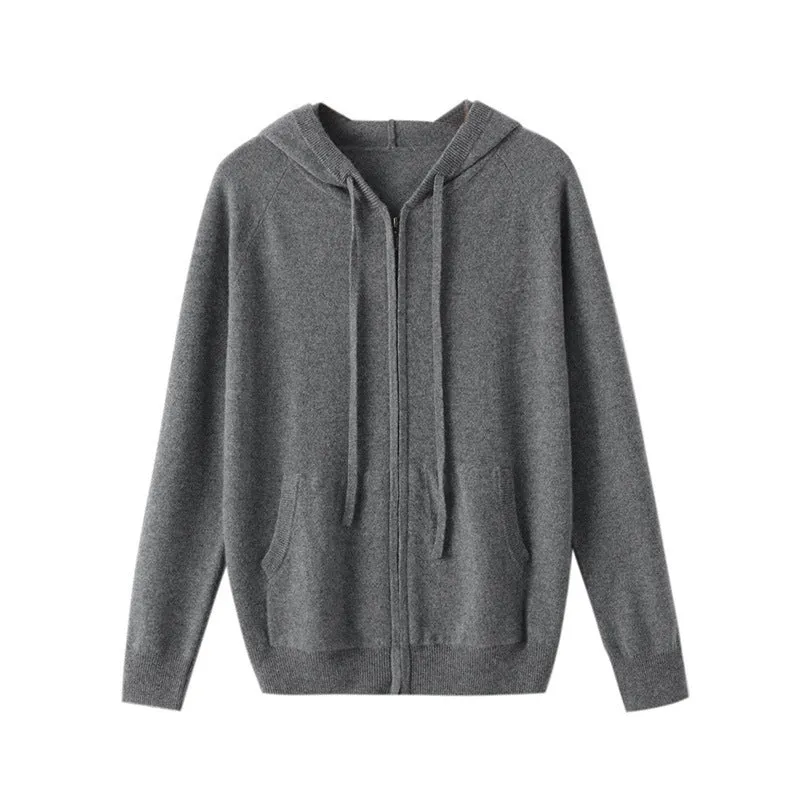Men's hooded cashmere cardigan with zipper front in solid colours for work wear