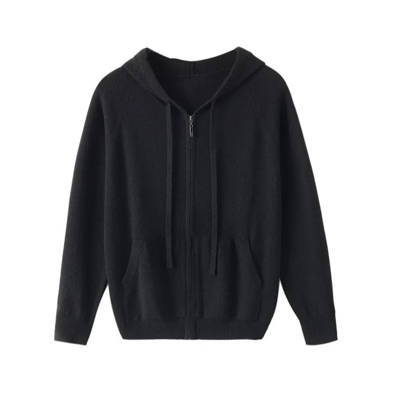 Men's hooded cashmere cardigan with zipper front in solid colours for work wear