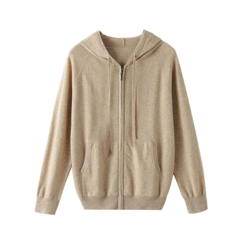 Men's hooded cashmere cardigan with zipper front in solid colours for work wear