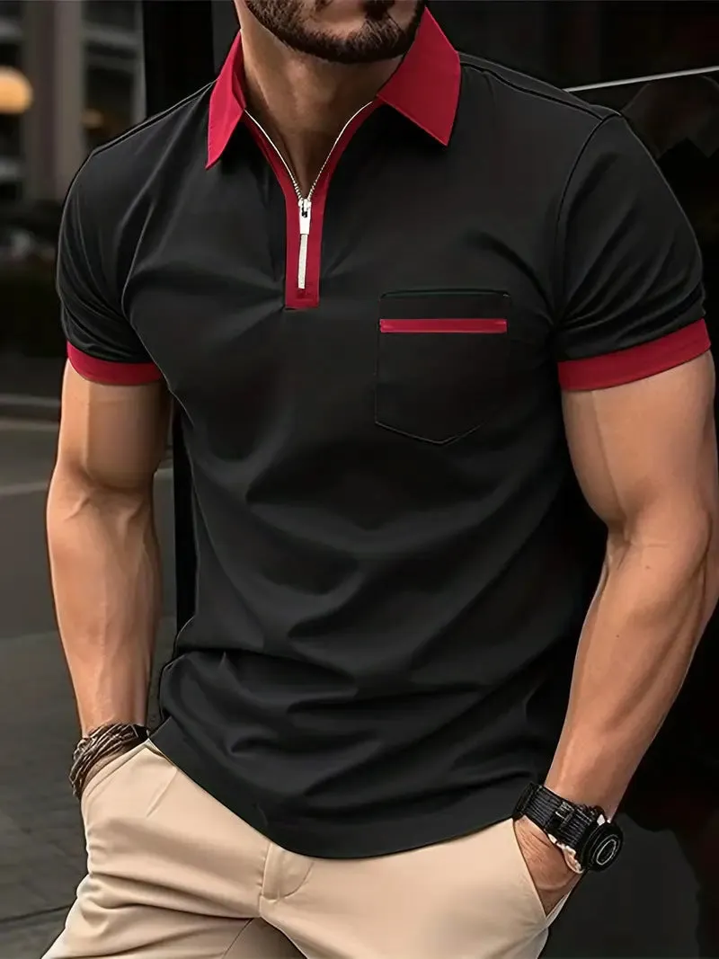 Men's loose fit short sleeve casual shirt with chest pocket and zipper detail in a two-tone colour.