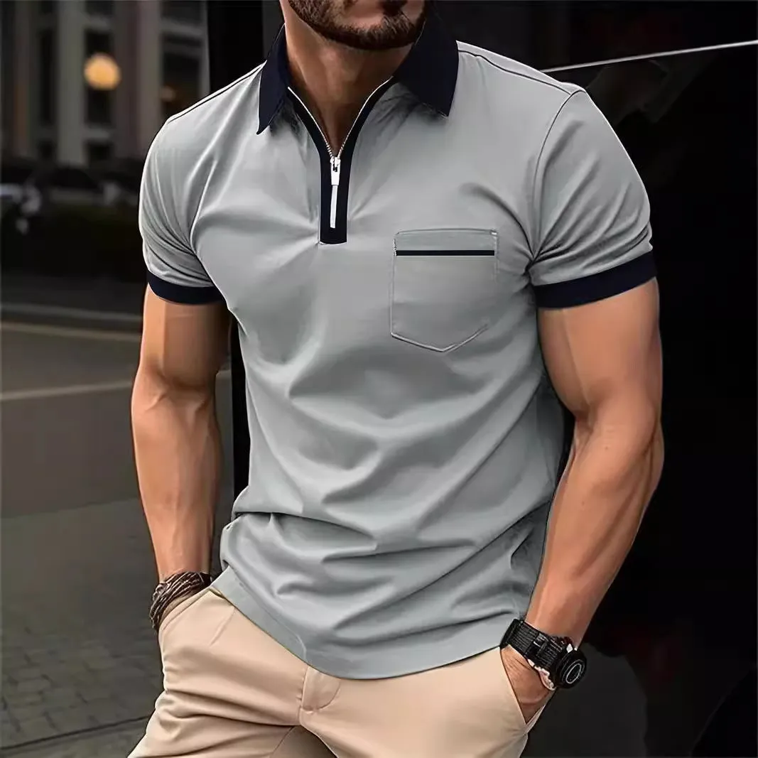 Men's loose fit short sleeve casual shirt with chest pocket and zipper detail in a two-tone colour.