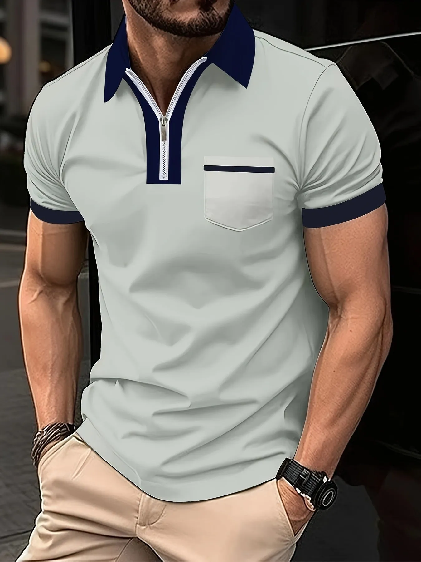 Men's loose fit short sleeve casual shirt with chest pocket and zipper detail in a two-tone colour.