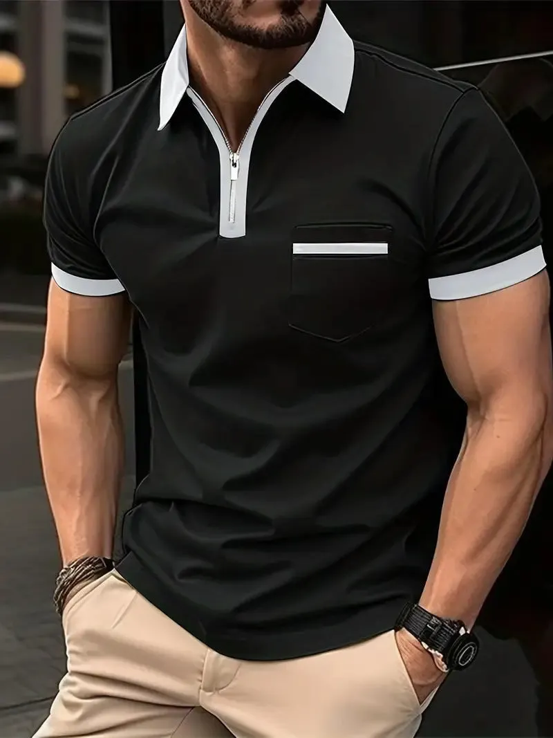 Men's loose fit short sleeve casual shirt with chest pocket and zipper detail in a two-tone colour.