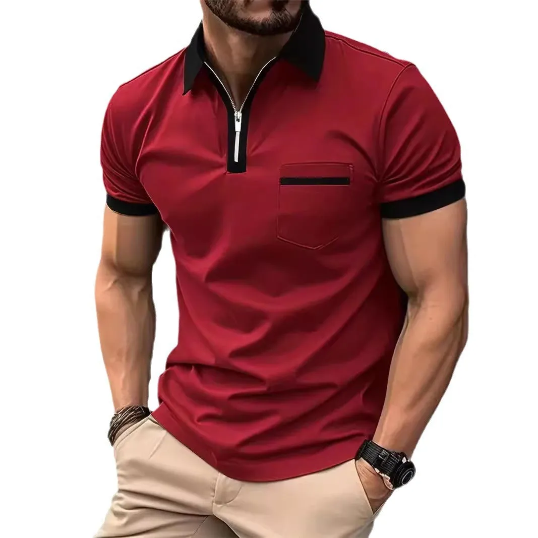 Men's loose fit short sleeve casual shirt with chest pocket and zipper detail in a two-tone colour.