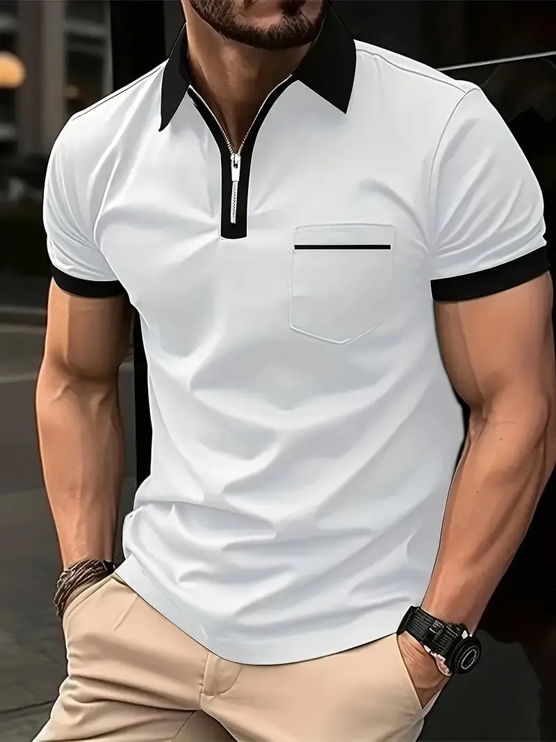 Men's loose fit short sleeve casual shirt with chest pocket and zipper detail in a two-tone colour.