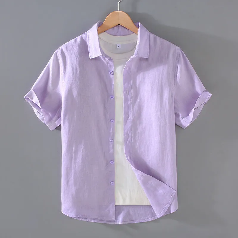 Men's casual short-sleeved linen shirt in regular fit showing colour options including apricot, dark blue, and gray
