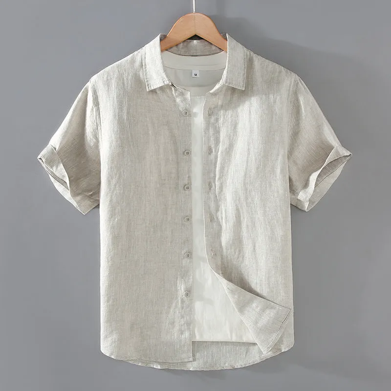 Men's casual short-sleeved linen shirt in regular fit showing colour options including apricot, dark blue, and gray