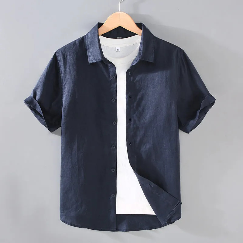Men's casual short-sleeved linen shirt in regular fit showing colour options including apricot, dark blue, and gray