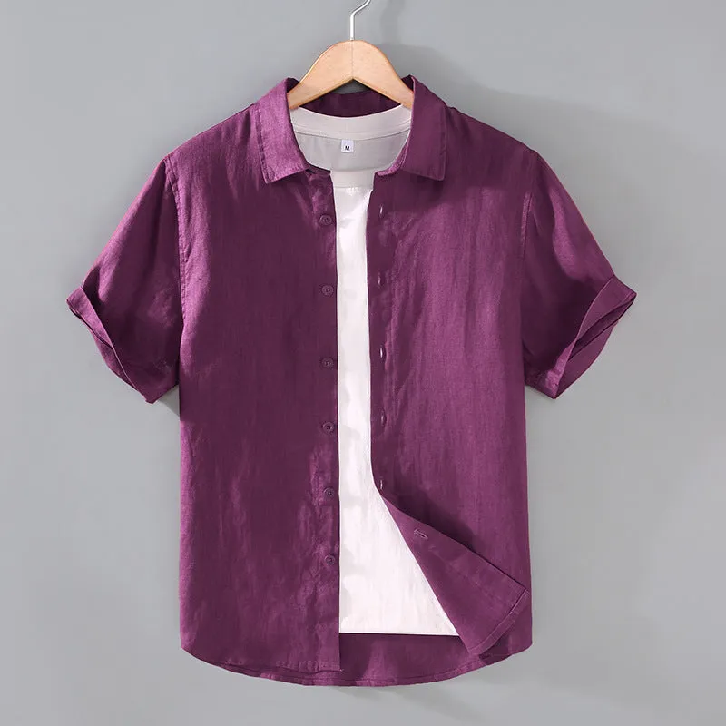 Men's casual short-sleeved linen shirt in regular fit showing colour options including apricot, dark blue, and gray