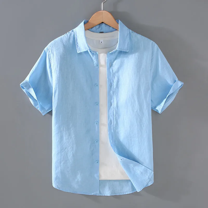 Men's casual short-sleeved linen shirt in regular fit showing colour options including apricot, dark blue, and gray