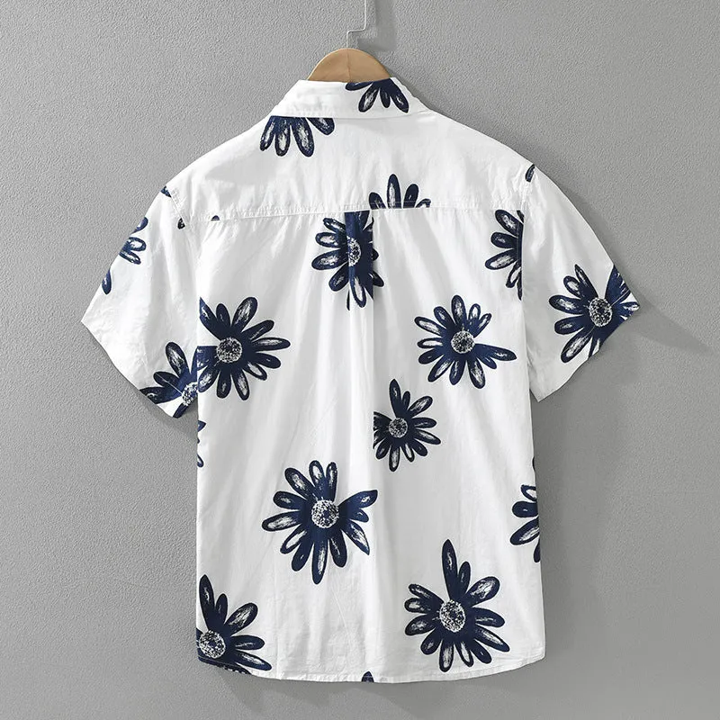 Apricot and white loose fit Japanese style short sleeve printed shirt on hanger