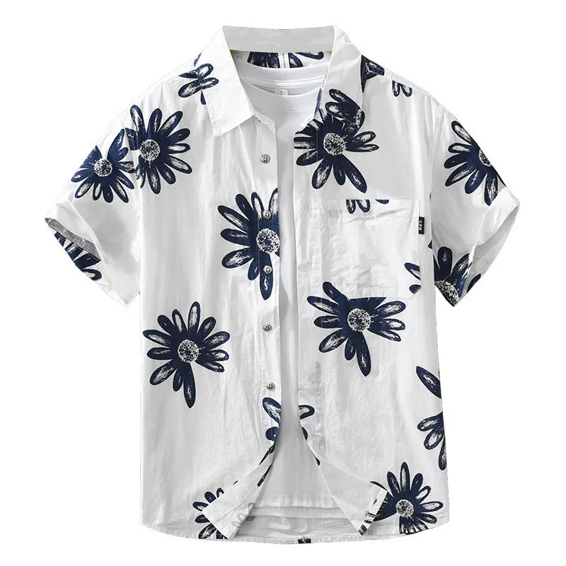 Apricot and white loose fit Japanese style short sleeve printed shirt on hanger