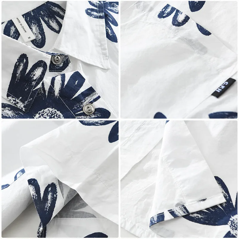 Apricot and white loose fit Japanese style short sleeve printed shirt on hanger