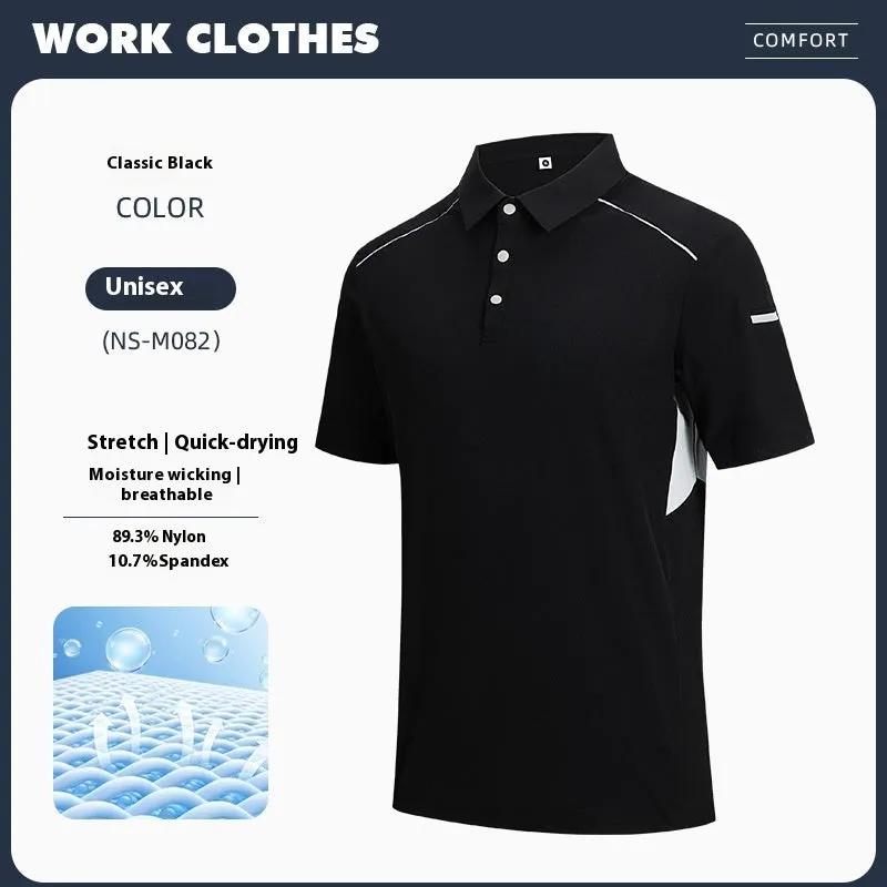 Man wearing a navy blue nylon business T-shirt with a stand collar and colour stitching detail.