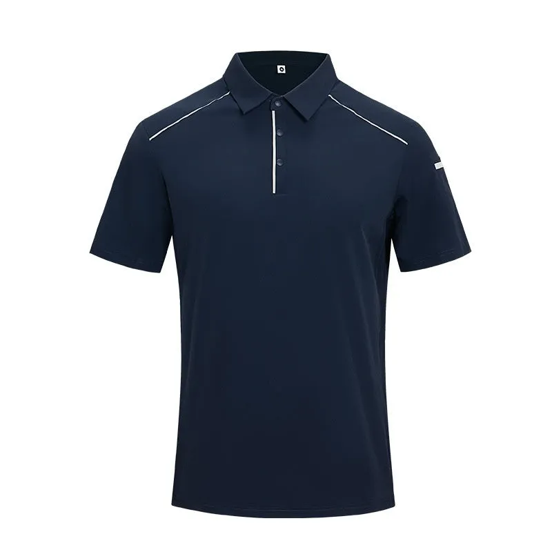 Man wearing a navy blue nylon business T-shirt with a stand collar and colour stitching detail.