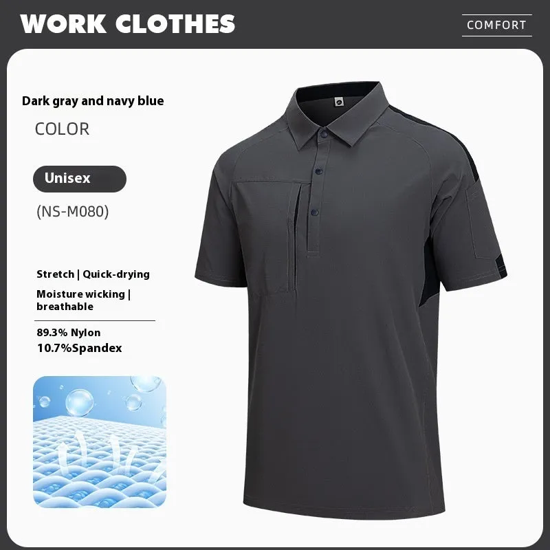 Man wearing a navy blue nylon business T-shirt with a stand collar and colour stitching detail.