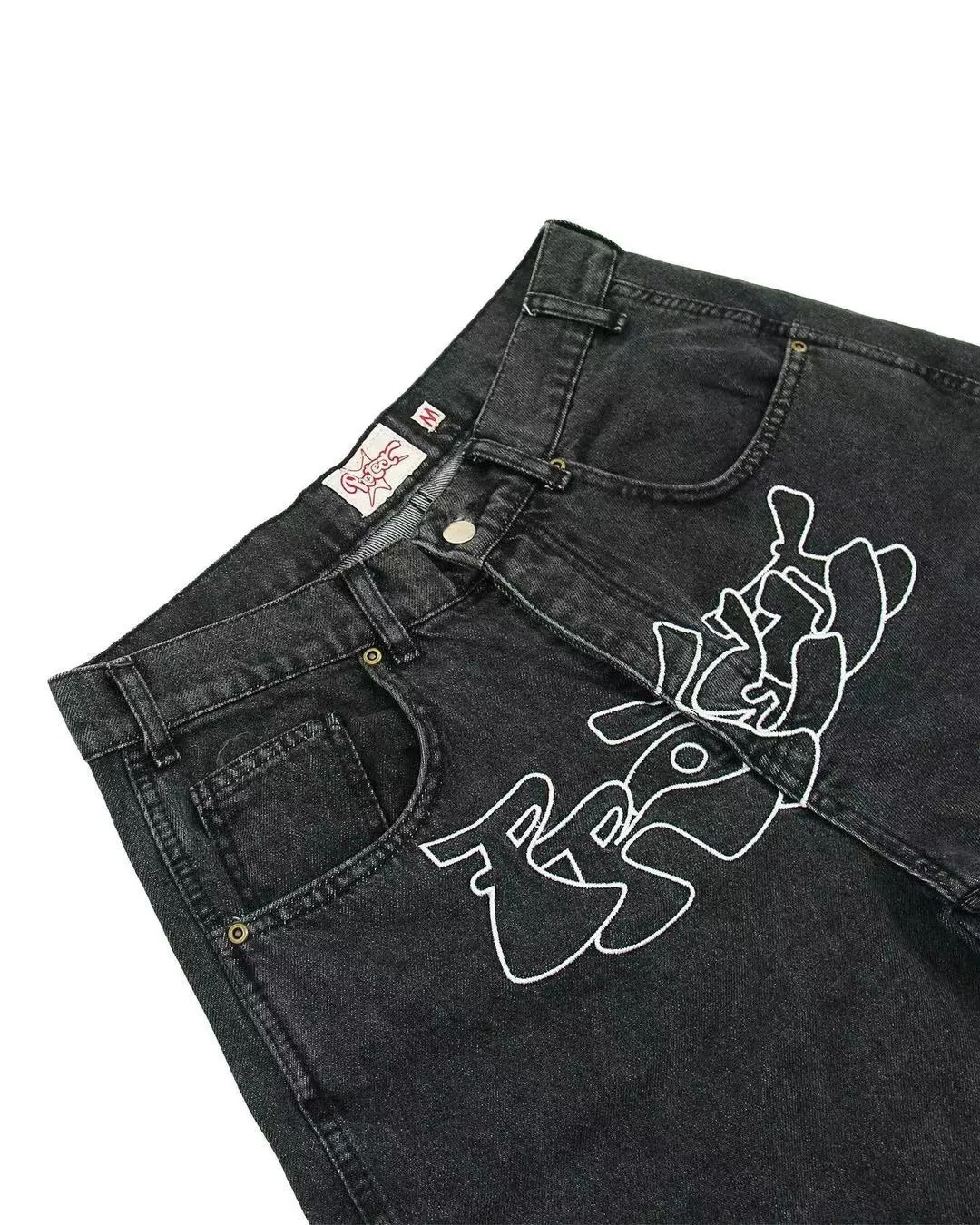 Men's blue denim hip hop shorts with straight leg cut on mannequin